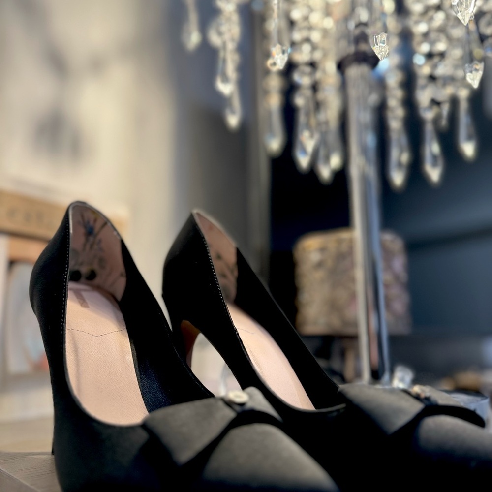 Ted Baker Black Satin Pointed Toe Pumps with Bow